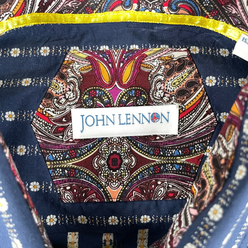 John Lennon Shirt Men M Blue Long Sleeve Button Down Daisy Stripe Retro Rock EUC - Picture 3 of 12